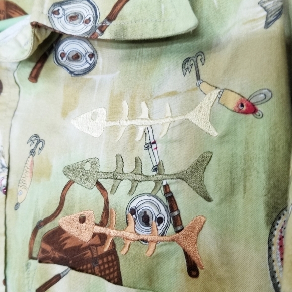 Homemade novelty print‎ Fishing embroidery mens button up shirt chest pocket L - Picture 2 of 9